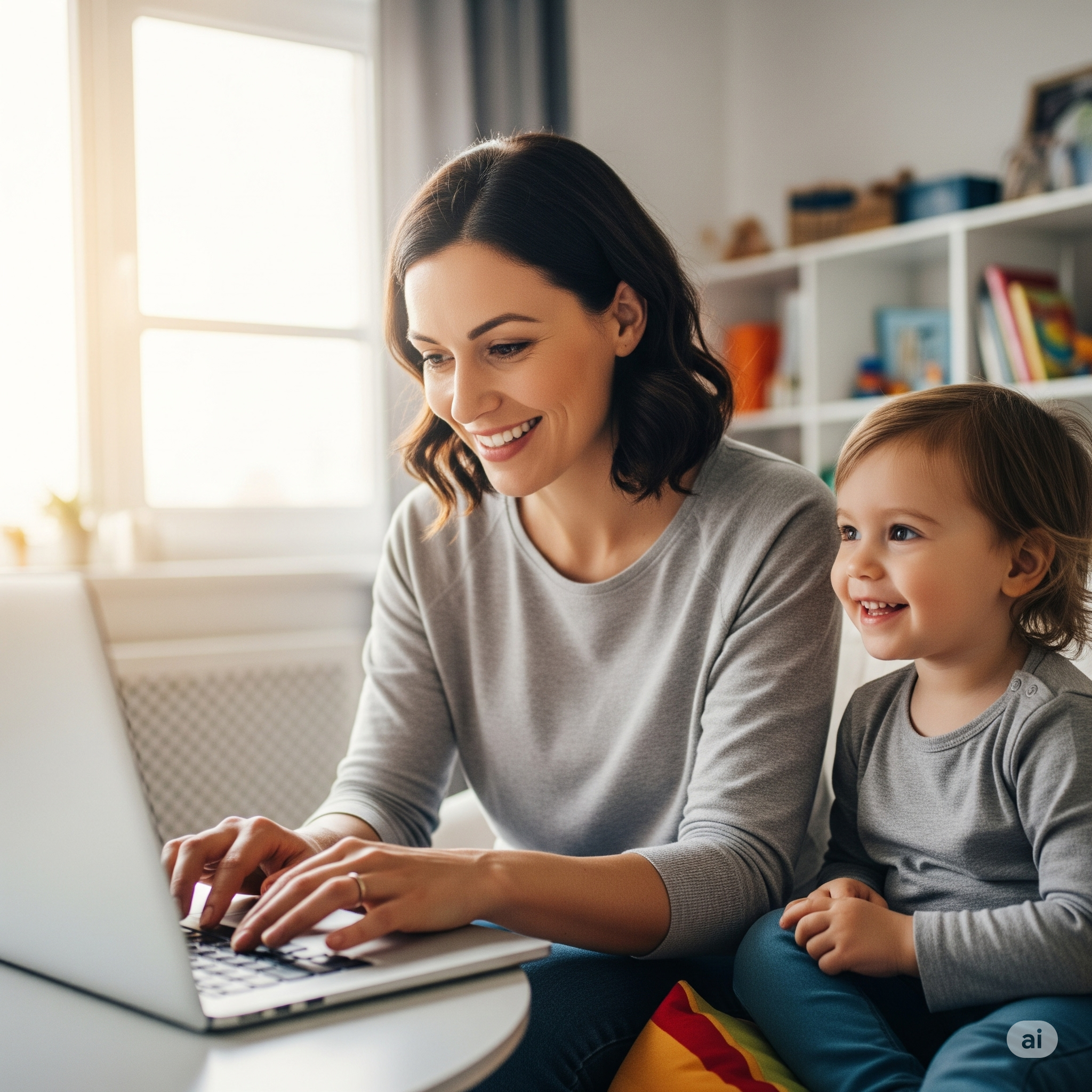 A mother smiling while working on her laptop with her child sitting next to her